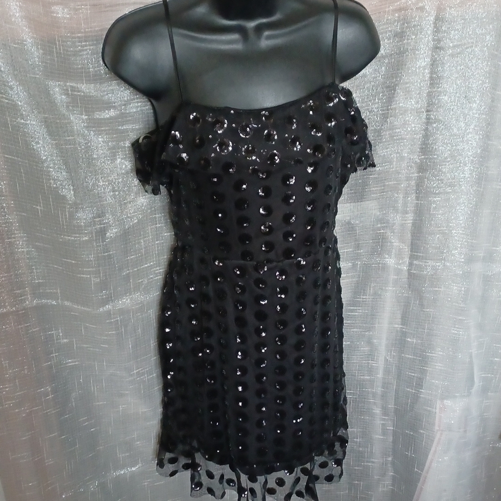 Three Pink Hearts Juniors Black dress with sequins polka dots, Sz M